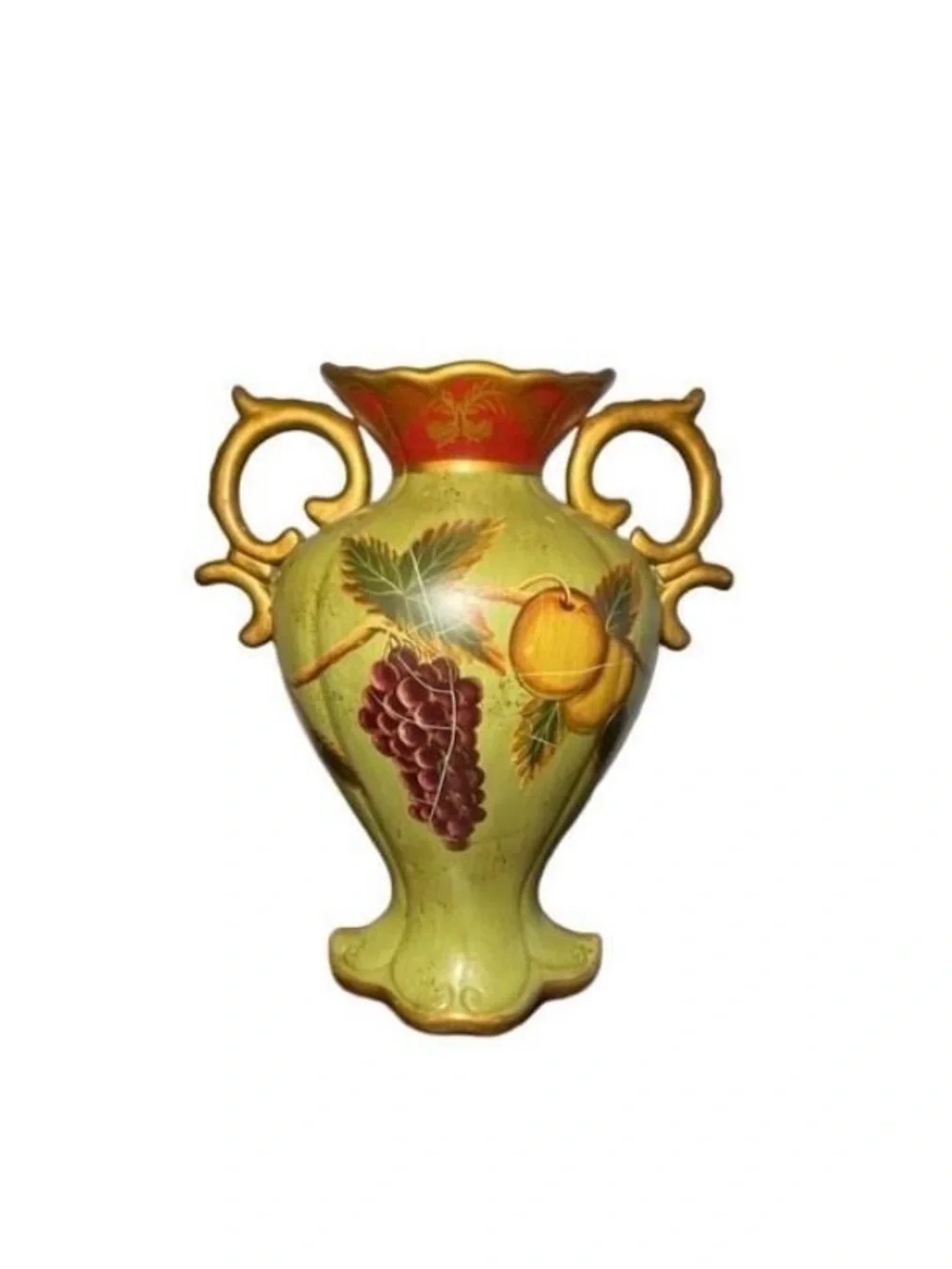 Vintage Raymond Waites Handpainted Ceramic Two-Handled Urn Vase Bird Fruit Motif